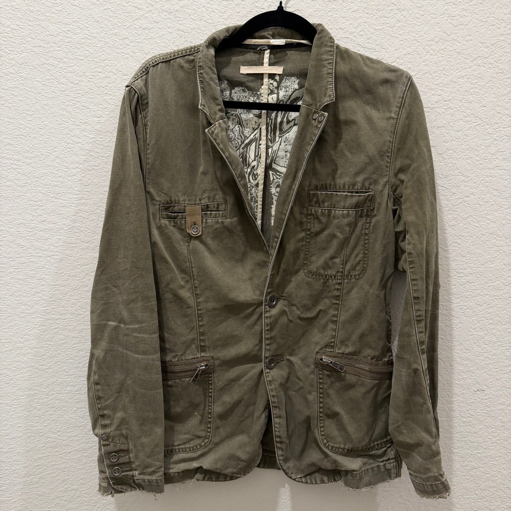 Electric Shock Olive Green Canvas Utility Blazer Distressed Military Jacket